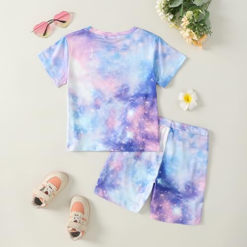 Image of 7-14Y Tween Girl Clothes 2 Piece Short Sleeve Tie Dye Heart Print Top and Shorts Teen Girl Summer Outfits Short Set