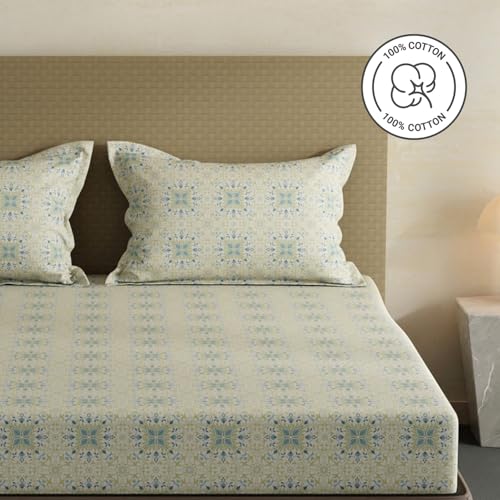Image of Layers 100% Cotton Fitted Sheet for King Size Bed | Lumina Floret Collection | 144 TC Soft & Breathable | Printed with 2 Pillow Covers | Wrinkle Free & Colorfast | 3 Pc Bedding Set - Blue & Yellow