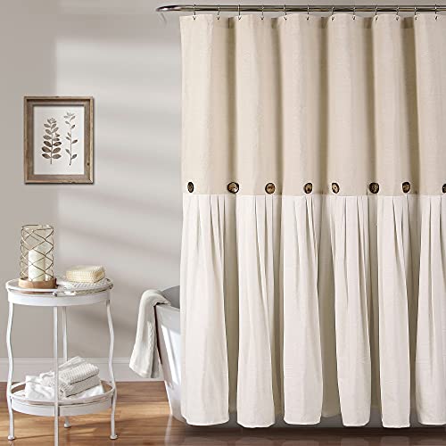 Image of Lush Decor Linen Button Shower Curtain, 72 inch W x 84 inch L, Gray & Off White - Extra Long Shower Curtains - Gray Shower Curtain Fabric - Farmhouse Bathroom Decor