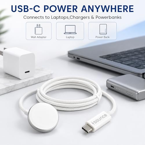 Image of Sounce USB-C Smart Watch Charger, Wireless Fast Charging Cable Compatible with Watch Ultra 2 /Ultra, Series 9 /8 /7 /6 /5 /4 /3 /2 & SE /SE2, 1m (3.3ft) - White
