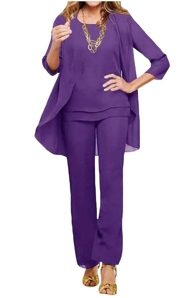 Botong Women's Purple 3 Pc Chiffon Mother Of The Bride Pants Suits Wedding Guest Outfit Formal Evening Dress Wedding Party Outfit Uk16
