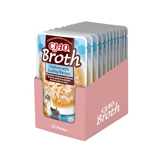 Ciao Broth by INABA Wet Cat Food - Chicken with Scallop - 12 Packs (480g total) / Moist Treat Delicious & Healthy Snack Food Topper Side Dish Complement Natural Grain Free Wet Cat Food
