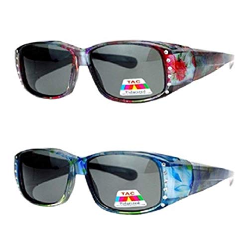 Pink Ribbon Shades, Inc. 2 Pair Polarized Lenses Rhinestone Fit Over Wear Over Reading Glasses Rectangular Sunglasses(2 Pair 8871 Flower Blue)