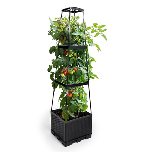 GENMOUS 3 Tiered Tomato Planter with Trellis for Small Climbing Vegetables Plants, 45” Raised Garden Bed Planter Box Tomato Cage Tomato Planters for Patio Indoor Outdoor Vegetables Growing Plants
