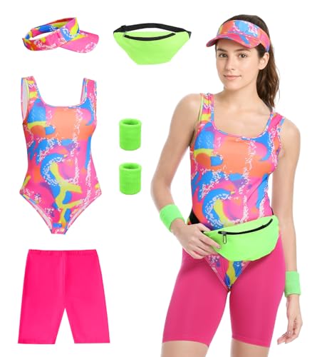 TobWeaL 80s Workout Costume for Women - Retro 80s 90s Fancy Dress Women Set for Halloween Cosplay Themed Party & Fitness (Pink Small)