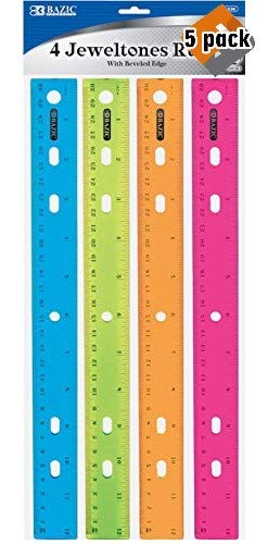 BAZIC Jeweltones Color Ruler, 12 Inches, 1 Pack of 4 Rulers - Pack of 5