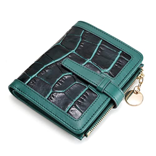 Genuine Leather Women Lady Bifold Fashion Card Case Handy Wallet Zipper Coin Case Pocket Purse Crocodile Embossed (A Green)3