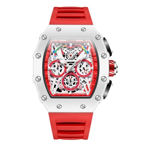 RORIOS Tonneau Armbanduhren für Herren Analog Quarz Uhr Silikon Sport Uhr Männer Mode Uhren Leuchtend Datum Kalender Uhren Rot