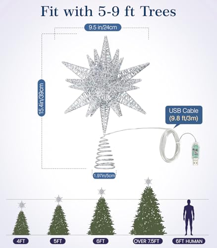 Luxspire Weihnachtsbaumspitze, 3D-Lichtstern mit USB-Anschluss und Fernbedienung, 9… – Ansicht 5