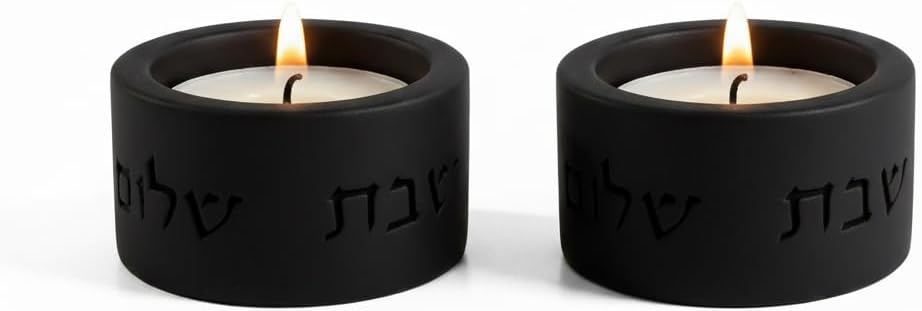 SURI Concrete Shabbat Candle Holders in Black | Jewish Judaica Gift Set with Modern Shabbat Candle Holders | Tall & Short, Ideal Shabbat Set for Tea Lights (Tealights not Included)