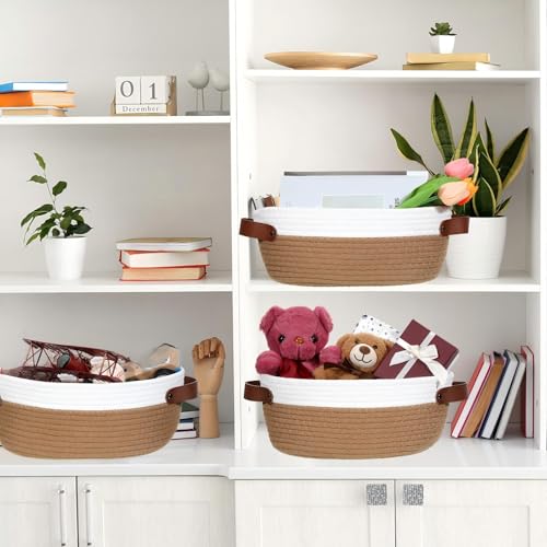 Image of Colingmill 3 Pack Easter Small Woven Basket for Gifts with Handles Clear Bags and Ribbons Empty Storage Basket Decorative Chest Box for Easter Wedding Present(White and Dark Brown,12 inchx 8 inchx 5 inch)