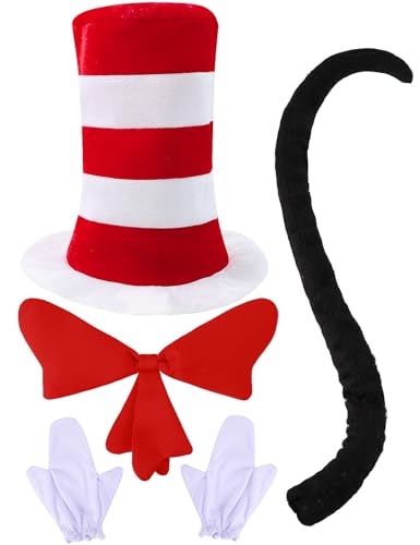 COSAVOROCK 4Pcs Red and White Striped Stovepipe Tall Hat Book Day Costume Accessories Set One Size