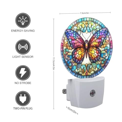 Image of Round LED Night Lights Lamp with Dusk to Dawn Sensor, Stained Glass Art of Colorful Butterfly Mandala Night Light Plug Into Wall for Kids Room, Bedroom, Bathroom, Kitchen, Hallway