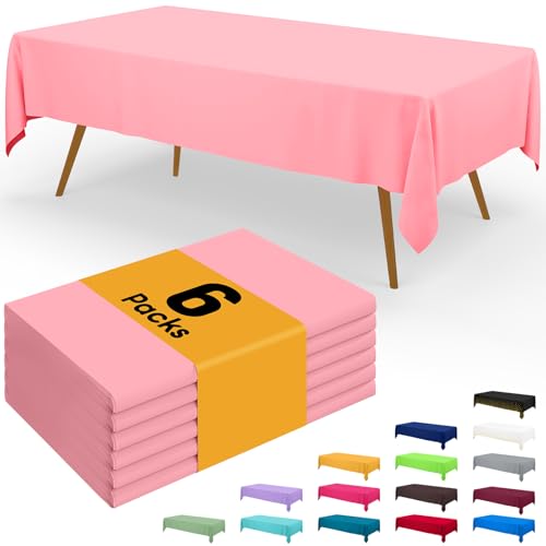 Image of Smiry Disposable Table Cloth - 6 Pack, 54 x 108 Inch Waterproof Rectangle Tablecloths for Easter Party, Valentines & Mothers Day Decorations, Decorative Plastic Table Cover, Leakproof & Sturdy, Peach