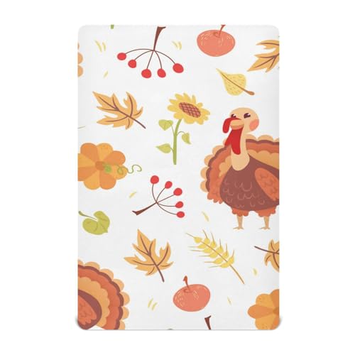 Moudou Thanksgiving Turkey Playard Sheet for Boy Girls, Soft Breathable Fitted Toddler Sheet for Standard Playard Bed Mattress, 39 x 27 x 5 Inch