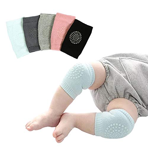 Mobey 5 Pairs baby knee pads for Crawling, Toddlers Crawling Socks, Adjustable Anti-Slip Elbow Leg Warmers for Boys and Girls, Dark Grey, Light Grey, Navy Blue, Light Green, Pink, Free Size