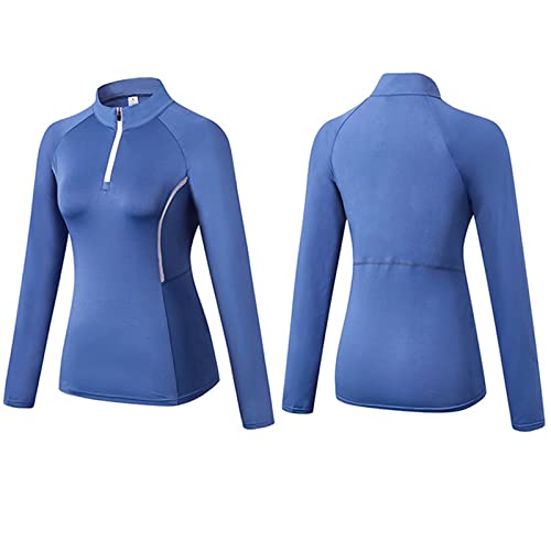 Women's Winter Fitness Running Yoga Suit Long Sleeve Elastic Tight Stand Collar Sports Sweatshirt Top (Light Blue, L) #TOP2