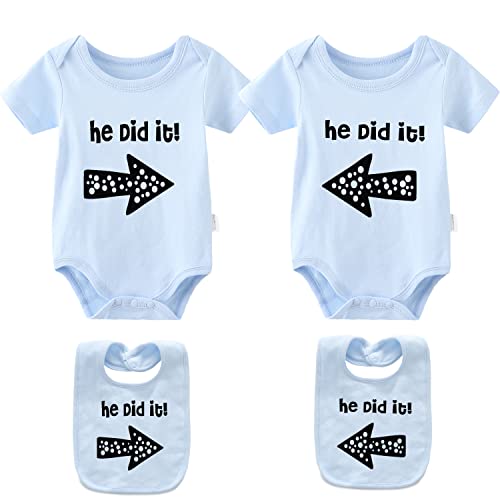 Image of YSCULBUTOL Baby Twins Bodysuits He/She Did It Twin Outfit Girl Romper With Hat Set