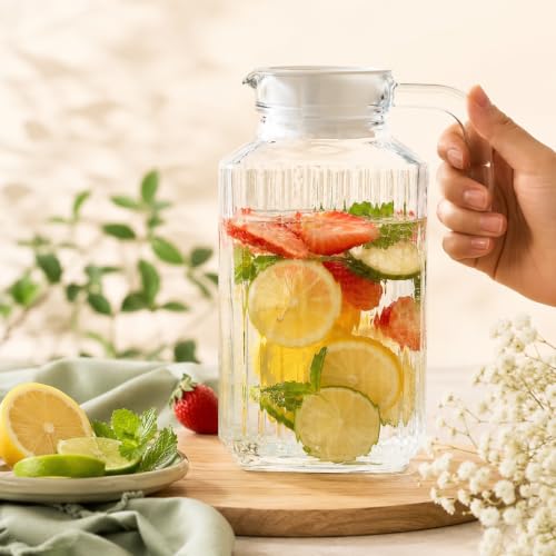 Image of Bellemax Premium Glass Water Jug - 1.8 LTR, Transparent, Hot Cold Water Pitcher with Lid Water Jug, Iced Tea, Milk and Juice Beverage Carafe, Lemon Jug, 1.80 Liter (TM-17)