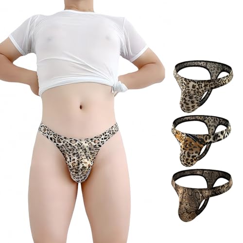 Men's Leopard Thong Tigger Print Underwear Low Rise Seamless T-back Leopard/Tiger/Snake 3 Pack