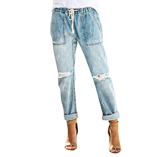 TOTOD Crop Jeans, Women Pull-on Distressed Ripped Denim Joggers Elastic Waist Drawstring Stretch