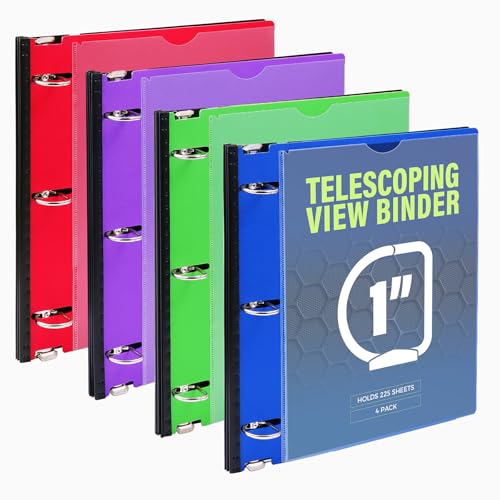Image of WOT I 1 Inch Telescoping 3 Ring Binder 4 Pack, Expandable Flexible Binder with Customizable Front Cover & Clear Catalog Pocket, Holds 8.5 inchx11 inch Paper, Assorted Colors, School Office Supplies