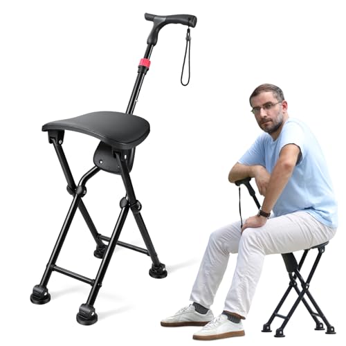 HZZEDNG Hold 400 lbs Folding Canes with Seat, Allows Durability While Walking and Convenience for Sitting, Aluminum Portable Anti-Slip Cane Seat, Height-Adjustable Walking Cane(Seat Height 21.65in)
