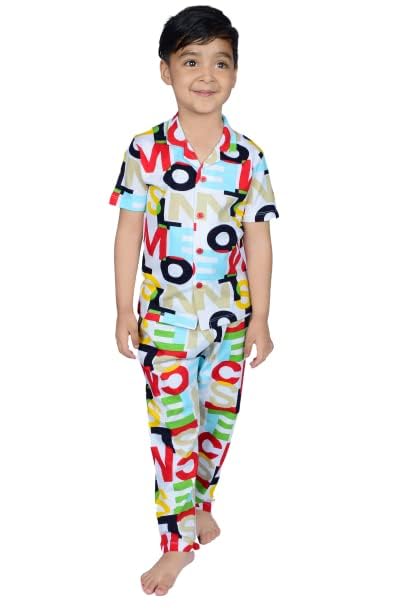 Image of 3BROS Unisex Pure Cotton Short Sleeve Kids Night Dress for Boys & Girls Nightwear /Sleepsuit /Sleepwear /Loungewear Night Suit for Boys and Girls Top and Pyjama Combo Set | JB20HS6031-Parent