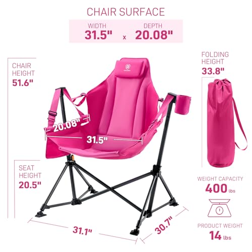 EVER ADVANCED Padded Oversized Hammock Camping Chair, Compact Heavy Duty Swing Chair with Multi-Storage Pockets, Portable Folding Rocking Camping Chair, Support Up to 400lbs, Pink - Image 4