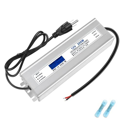 Image of LED Driver 200 Watts, IP67 Waterproof 12V Power Supply, AC 90-140V to DC 12V 16.67A Low Voltage Transformer with 3-Prong Plug 3.28ft Cable for LED Lights, Computer Project, Outdoor Use