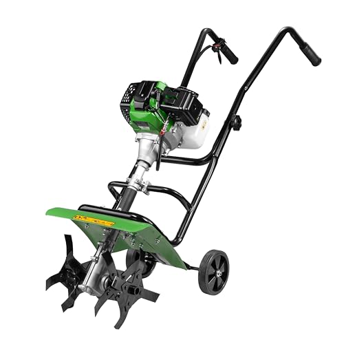52cc Petrol Garden Tiller Rotavator Mini 2-Stroke Soil Cultivator for Allotments - 4 Steel Blades. 32cm Working Width
