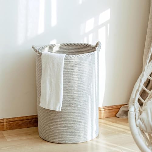Image of ALBY Woven,Tall Wicker Laundry Basket for Blankets,Clothes,Pillows,Toys,Shoes Large Cotton Laundry Hamper for Bedroom Living Room Bathroom Nursery (72L /Extra Large16 inchD x 22 inchH, PURE GREY)