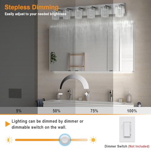 Image of SineRise Bathroom Vanity Light with 3 Color Modes (3000K /4000K /6000K), Eye Protection LED Bathroom Light Fixture, Dimmable Modern Wall Light Over Mirror with Clear Glass Shade (Nickel, 6-Light)