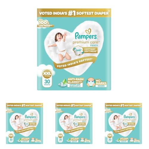 Image of Pampers Premium Care Pant Style Baby Diapers XXL 30 Count | No Marks Design | Voted India's #1 Softest Diaper | All in 1 diaper with 360 Cottony Softness (Pack of 4)