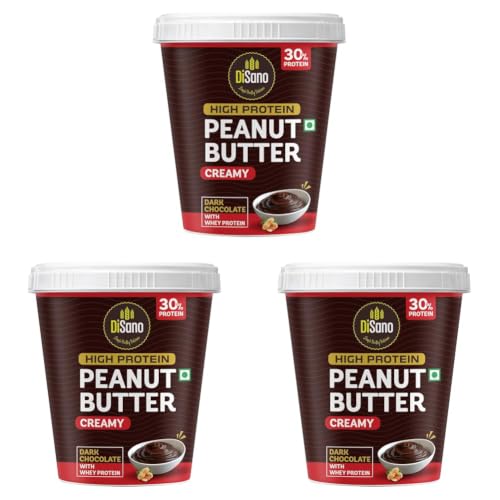 Image of DiSano High Protein Dark Chocolate Peanut Butter with Whey Protein, Creamy 510g | 30g Protein. Gluten Free, Zero Cholesterol & Trans Fat | Post & Pre Workout snack (Pack of 3)