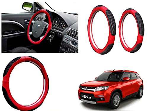 Image of Microfiber Car Steering Wheel Cover, Soft Padding Great Hand Feel, Anti-Slip, Faux Leather Steering Cover for Maruti Suzuki Brezza | Black Red Jali - Pack of 1