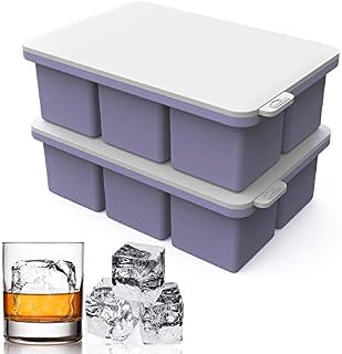 Ice Cube Tray with Lid, 2 Pack Extra Large 2 Inch(5cm) Silicone Ice Cube Molds, Easy Release Reusable BPA Free, for Baby Food, Whiskey, Cocktail, Beverages and Any Drink (Purple)