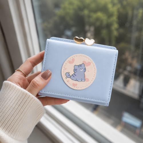 Image of Valerie Cute Small Wallets Clutch for Teen Girl Women PU Leather Trifold Small Wallet Cash Pocket 3D Buckle Card Holder Coin Purse with ID Window for Girls Women (Blue cat)