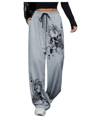 SOLY HUX Women's Y2k Sweatpants Drawstring Waist Wide Leg Gothic Grunge Pants Streetwear Grey Graphic X-Large