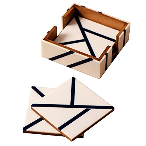 Nestroots Coasters for Cups Set of 4 Coaster Set with Stand | Coasters for Dining Table Glass Coffee Mugs Wooden Coasters Set of 4 + 1 Stand | Hot Pot Stand Wood with Resin( Blue & White)