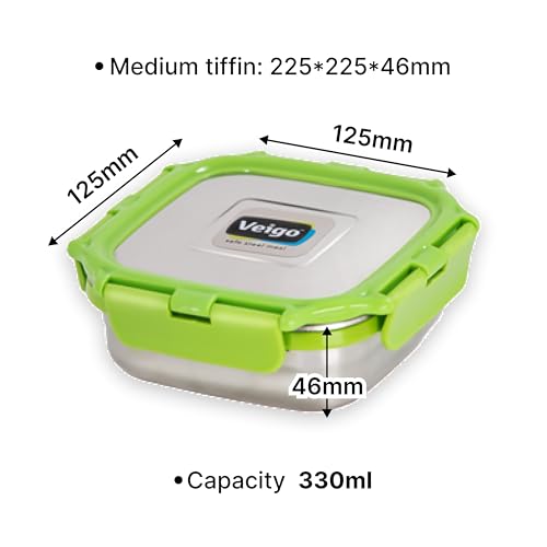 Image of Veigo Original Stainless Steel Medium Snack Box (300 ml), Airtight & Leakproof, Freezer & Dishwasher Safe, Snacks Box for School, Silicone Ring & Polymer Frame, Safe Lid Lock, Green