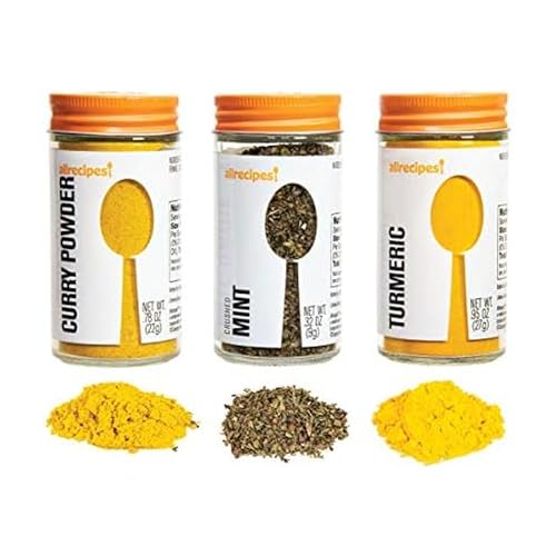 Allrecipes 5275537 Especias indias (cúrcuma, polvo de curry y menta triturada) en tarros de cristal con tapas de tamiz para rociar, transparente