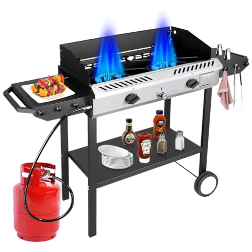 Bestfire 2 Burner Propane Stove Outdoor Camping Gas Stoves 150,000 BTU Auto Ignition with Regulator and Side Shelves Perfect for Patio Home Cooking and Frying