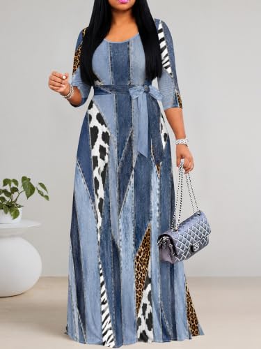 Image of Women's V Neck Floral Maxi Dress 3 /4 Sleeve Plus Size Boho Wrap Flowy Long Dresses with Belt