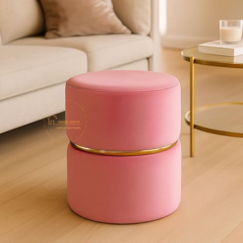 Image of Wooden Puffy Stool for Living Room Round Footstool - Ottoman Stool for Living Room Furniture Round Ottoman - Sitting Pouffe Ottoman Stool /Room Dcor /Office Stool - (Set of 2 Pink)