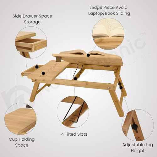 Image of Now Organic Brand Premium Bamboo Foldable Laptop Table with Adjustable Height & Tilting Top | Lap Desk for Study, Writing, Reading | Portable Bed Table with Small Storage Drawer Compact Size