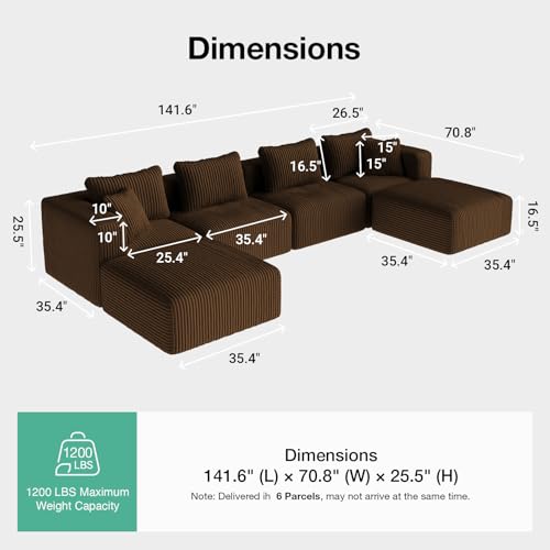 Image of Novilla 141 inch Modular Sectional Sofa, U Shape Freestyle Sectional Couch, Modern Cloud Design with Smarts Coil Support, Boneless Sectional Couch for Living Room Apartment, No Assembly Required, Brown