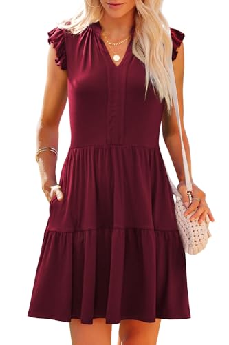 Womens Summer Casual Mini Dress Ruffle Sleeve V Neck Boho Sundres...