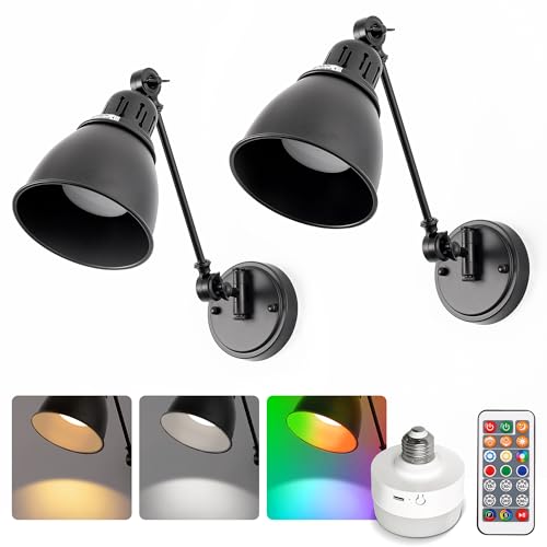 Image of DORESshop Wall Sconces Set of 2, Rechargeable Wall Lights with 350 Rotation, Dimmable Battery Operated Wall Sconce, Wireless Wall Mount Light for Bedroom, Living Room(2 Pack Black)