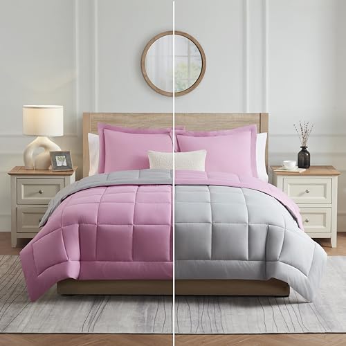 Image of Nestl 2 Piece Quilted Down Alternative Comforter Twin Size With 1 Pillow Sham - All Season Pink /Light Grey Duvet Insert With Corner Tabs